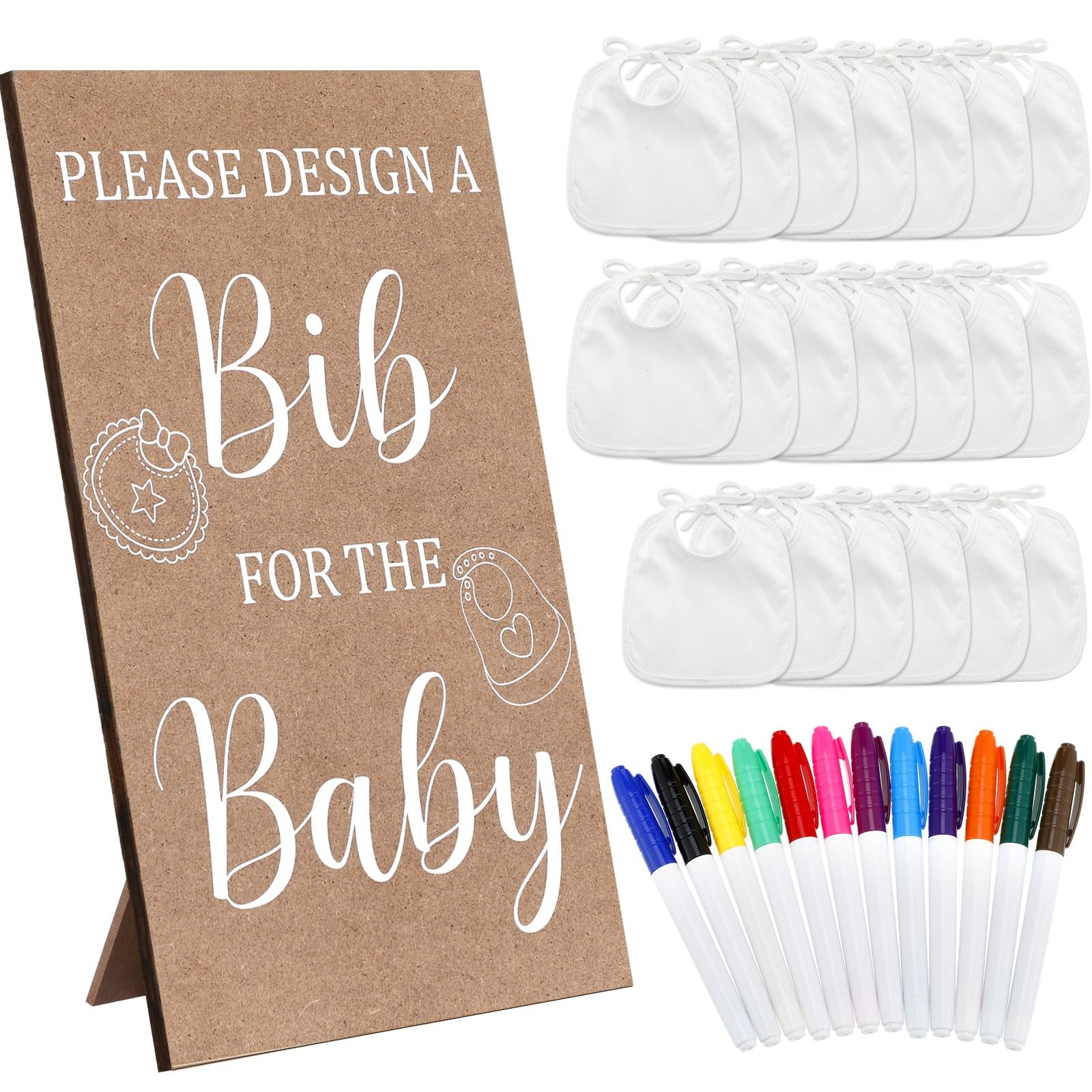 White Bibs Design, Include Wooden Baby Shower Game S...