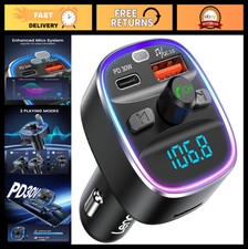 Bluetooth FM Transmitter Car Adapter 48W PD Fast Charging, 7 Color Light, USB 