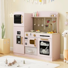 Wooden Kids Kitchen Playset Chalkboard Ice Maker Sink Lighted Microwave Pink Toy