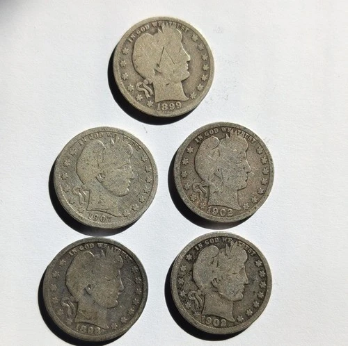 Barber Quarter Lot of 5 Silver 25C 1898 1899 1902 1907 Circulated US Coin
