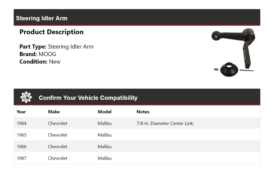 Brazo de rueda loca de dirección para Chevrolet Malibu 1964-1967 MOOG 1964 1965 1966 1967 Foto 2 de 4