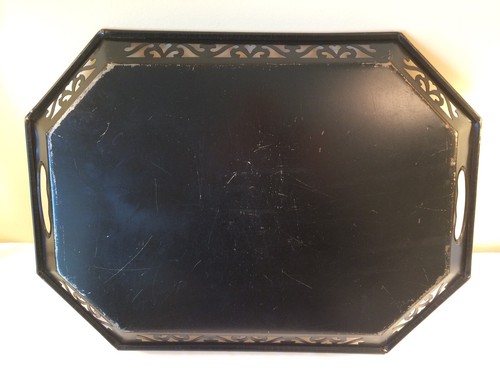 Vtg Large Black Metal Tole Serving Tray Pilgrim Art Hand Decorated Lattice Sides - Picture 10 of 10