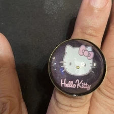 Retro Black Hello Kitty Dome Cabochon Vintage Brass Ring -- W/ adjustable band