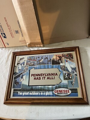 VINTAGE GENESEE BEER MIRROR SIGN WOOD PENNSYLVANIA OUTDOORS HUNTING FISHING NEW!