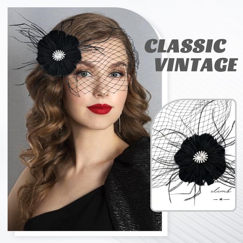 1920s Flapper Accessories Black Feather Veil Fascinator with Hair Clip Tea Pa... - Picture 6 of 8