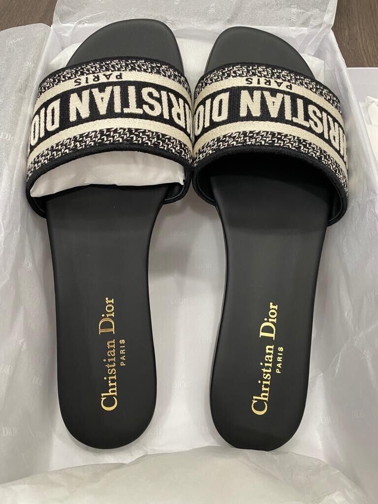 CHRISTIAN DIOR DWAY BLACK NOIR FABRIC SLIDES SANDALS SHOES CHRISTIAN DIOR DWAY BLACK NOIR FABRIC SLIDES SANDALS SHOES