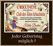 Urkunde "Club der alten Schachteln" 18 20 30 40 50 60 70 Geburtstag Geschenk 01