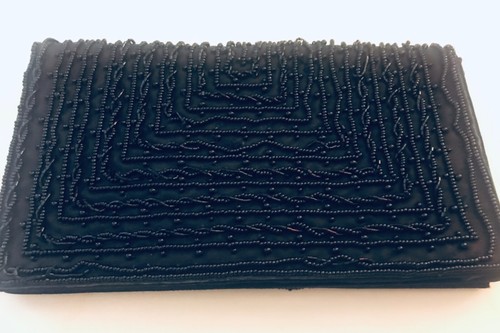 Vintage Black Beaded WALBORG CLUTCH HAND BAG Made in Japan By Hand Formal Purse - Picture 2 of 12