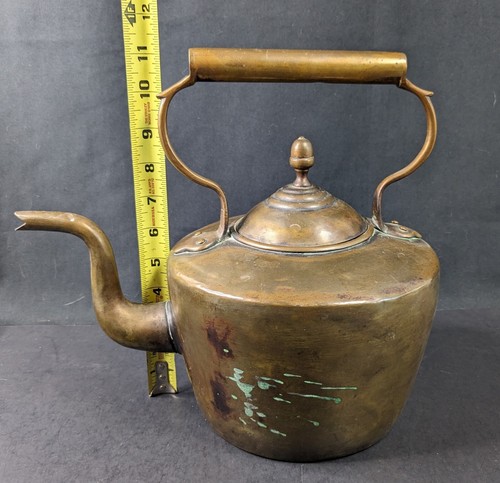 Copper Fireplace Kettle Antique Primitive Swan's Neck Spout Early 19C Large - Picture 9 of 10