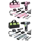 WORKPRO 12V Pink/Grey Cordless Drill Driver&Home Tool Kit 61-Piece Hand Tool Set