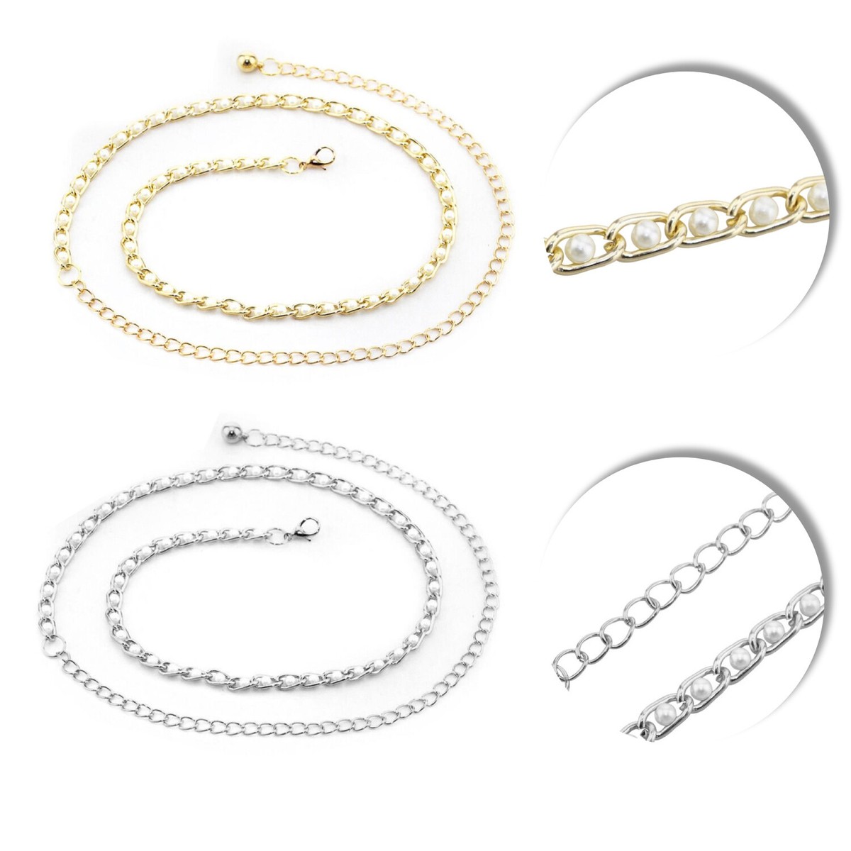 Cinturón De Perlas De Metal Ajustable De 112cm Dorado Plateado Para Mujeres
