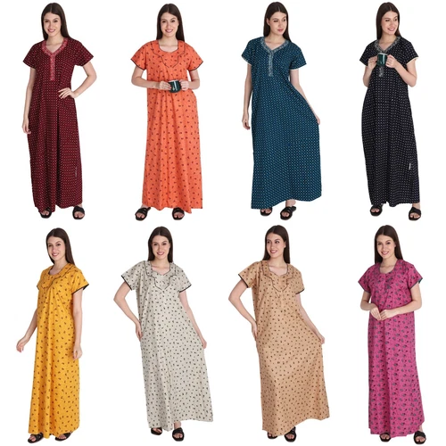 Indian Night Wear Gown Women's Cotton Embroidery Printed Sleepwear Nighty