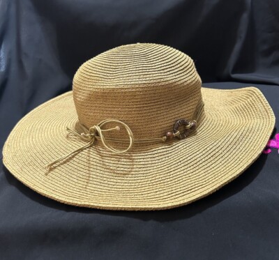 Bijoux Terner Wide Brim Sun Derby Hat Floppy Natural Tan Gold Straw