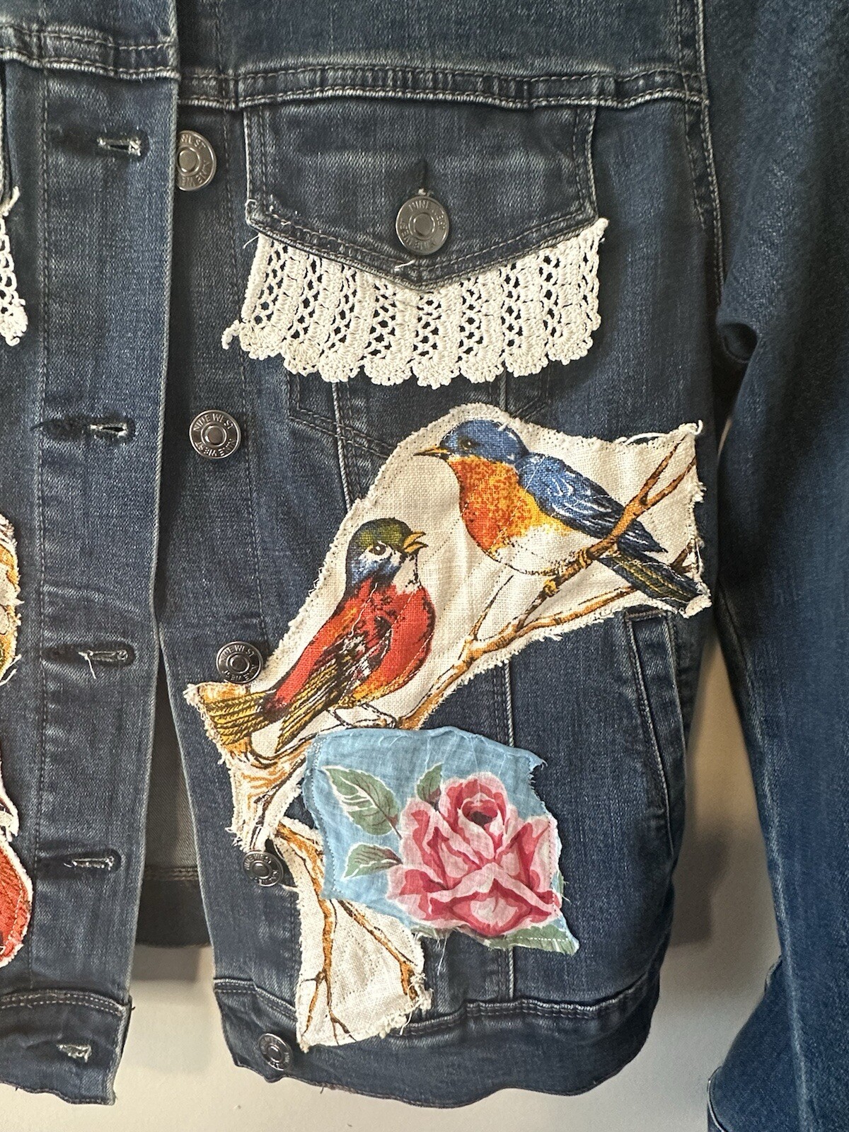 Custom Denim Jacket Beautiful Patchwork Birds Flo… - image 3