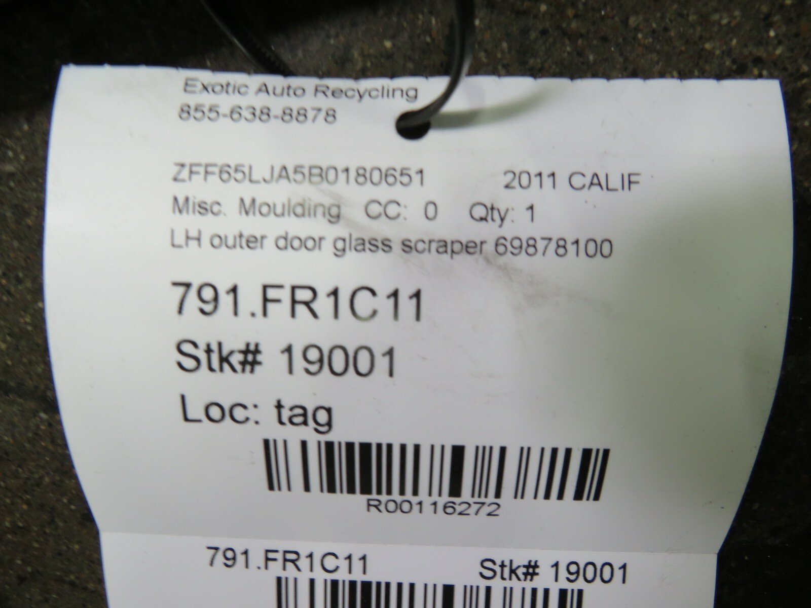 Ferrari California,LH Left, Outer Door Glass Scraper Molding, Used, P/N 69878100