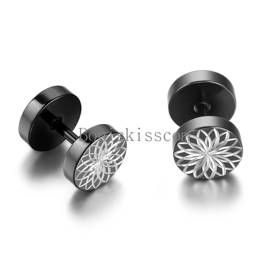 Men s Stainless Steel White Flower Pattern Dumbbell Ear Black Stud Earrings