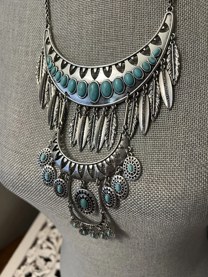 Lucky Brand Bib Necklace Silver Tone Faux Turquoise Statement Jewelry Bohemian - Image 3 of 4