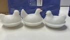 3 White Milk Glass Small Hens on Nest red accents On 1 Vintage 4” 2 Solid White