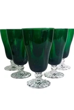 (6) Colonial Dame Green Crystal Iced Tea Glasses by Fostoria Circa 1948-1964