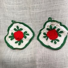 Vintage Crochet Potholders Pair 3D Rose Floral Cottagecore Cotton Trivet