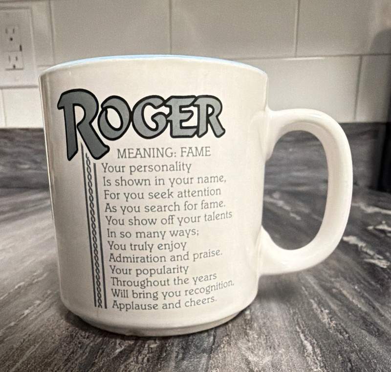 White Ceramic Mug w/ Blue Interior "Roger" Name Meaning Text, Glossy Decor
