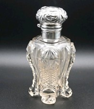Antique Scent Bottle Crystal Hinged Silver Cap Levi & Salaman Edwardian 13cm