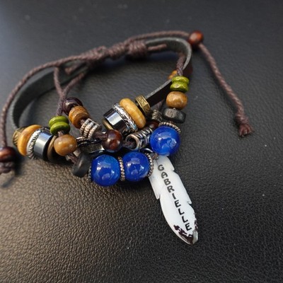 Gabrielle Personalized Boho Bracelet Leather Stack Hippie Indie Name Blue Beads