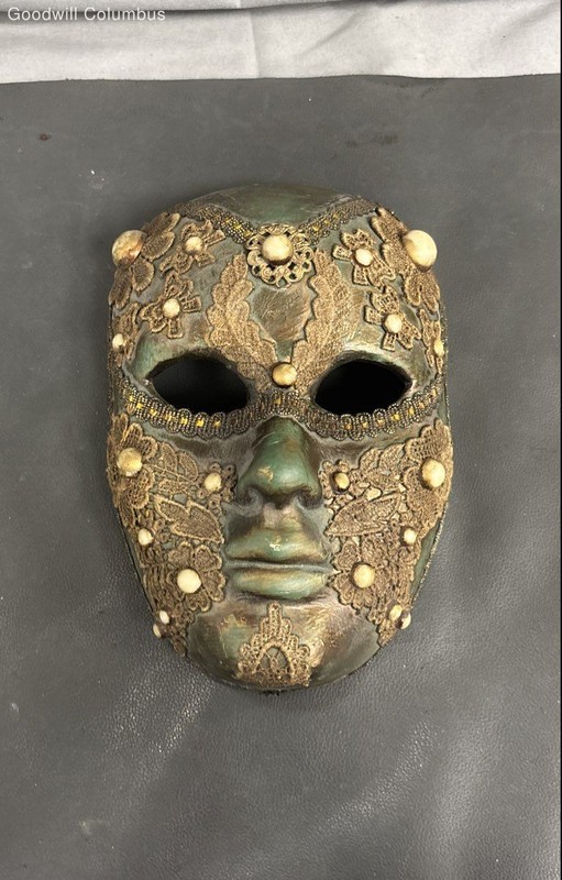 Unsigned Venetian Style Masquerade Mask Hand Painted Gold Lace Applique 10-Inch