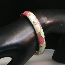 Vintage Signed JTF Gold Tone Enamel Bangle Bracelet Pink Green Rhinestone 7 in