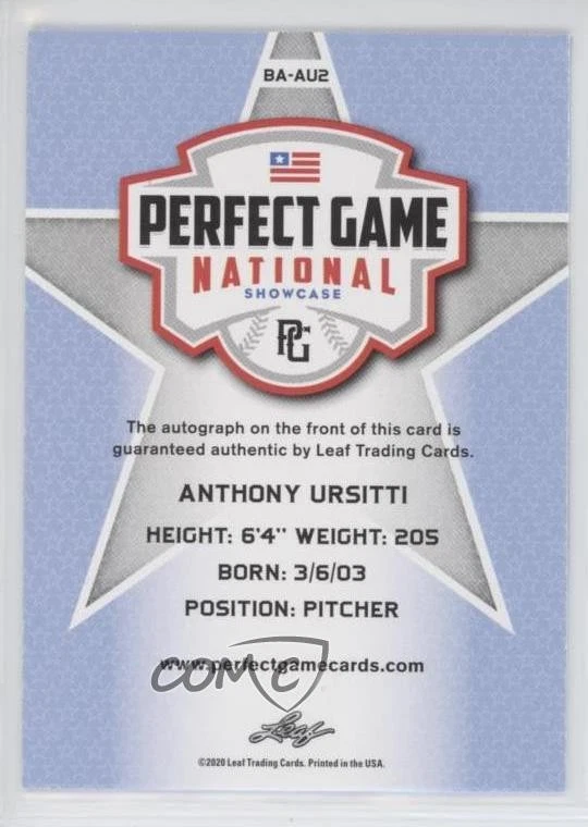2020 Leaf Perfect Game National Showcase Blue /15 Anthony Ursitti #BA-AU2 Auto - Image 2 of 2