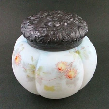 Antique CROWN MILANO Jar, REPOUSSE Silver Lid - Mt WASHINGTON art glass c.1890's