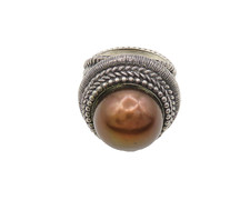 925 Sterling Silver Vintage Golden Pearl Dome Cocktail Ring Sz 6.5 RG19768