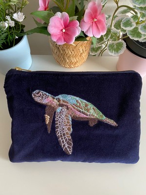 Luxus Samtbeutel Schildkröte bestickt, Kosmetiktasche, Weihnachtsgeschenk