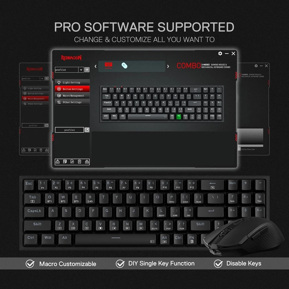 Redragon S136 Gaming Keyboard & Mouse Combo, 75% K628 Tri-Mode Wireless RGB - Image 3 of 4