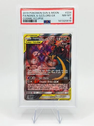 2019 S&M Cosmic Eclipse Naganadel & Guzzlord GX #224 | PSA 8 NM-MT | Full Art