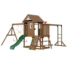 10-in-1 Wooden Outdoor Swing Set with 6ft Slide, Upper Fort  Play Features