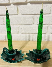 2 Vintage 1960's Emerald Green Gold Flake MCM Lucite Christmas Candlesticks L#2