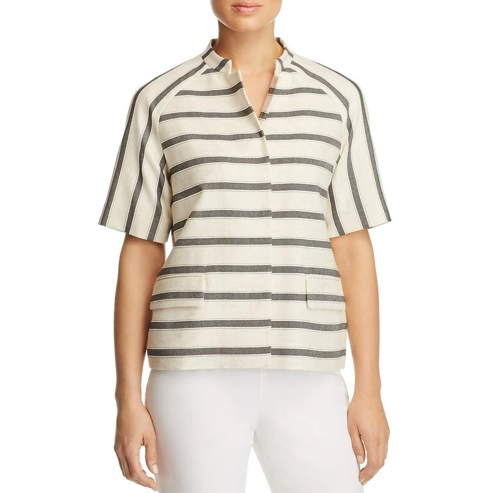 Lafayette 148 Cream Beige Short Sleeve Striped Blazer Jacket Size XL Linen - Image 2 of 4