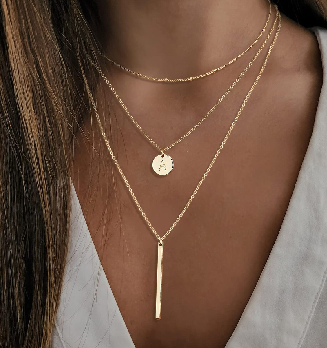 Gold Initial Layered Necklace for Women,14K Coin Letter Bar Stacking  Necklaces