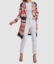 $179 Halston Women Blue Print Collared Button-up Belted Waist Trench Coat Size S