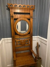 Antique Oak Hall Tree with Beveled Mirror and seat