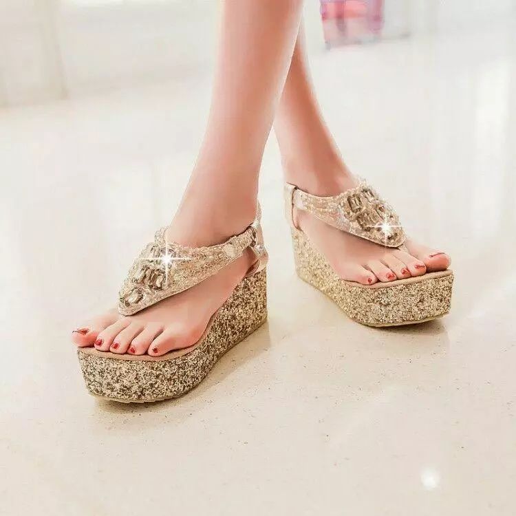 Beaded Women s Flip Flops Platform Sandals Shoes Wedge Heel Bling Roman Fashion