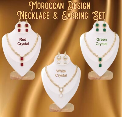 Marokkanisches Design Halskette Ohrringe Set glänzend quadratisch Kryastal Anhänger Hals Kette