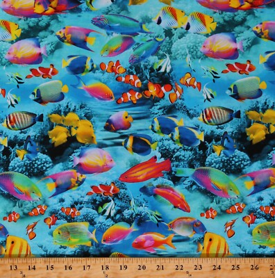 Cotton Fish Animals Water Ocean Life Coral Blue Fabric Print by Yard D413.03