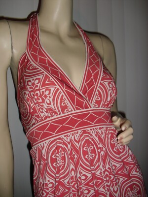 BCBG,Max Azria,deep V-neck,backless,border print,orange,szM,Petite,unique,wow