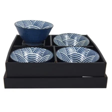 SET of 4 Japanese 5.25"D Rice Soup Bowl Blue Seikaiha Wave Gift Boxed JAPAN MADE