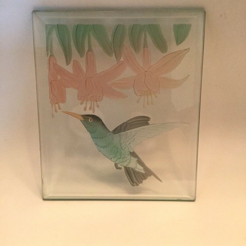 Hummingbird and hanging flowers etched glass plaque 6.5 x 5.5” pre-owned Decor - Bild 2 von 6