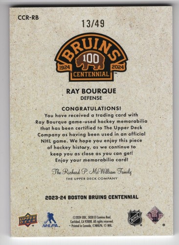 2023-24 CENTENAIRE BOSTON BRUINS RAY BOURQUE TISSU RELIQUES PATCH /49 CCR-RB 85040 - Photo 2 sur 2