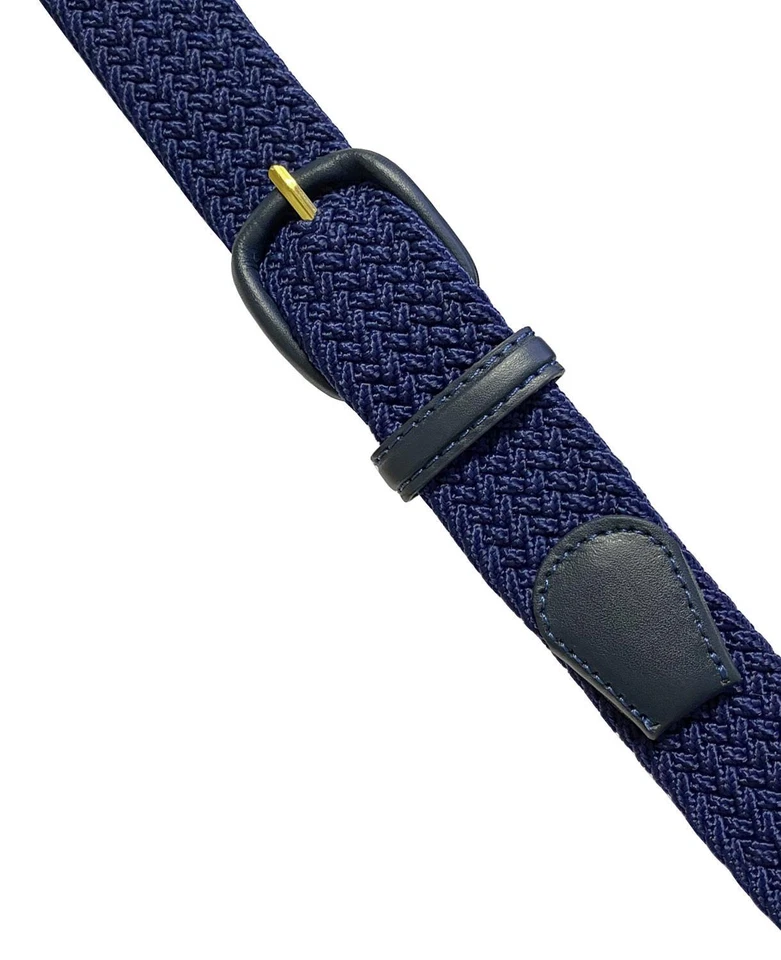 Navy Stretch Belt Leather Covered Buckle Woven Elastic Stretch Belt 1-1/4" Wide - Image 3 of 3