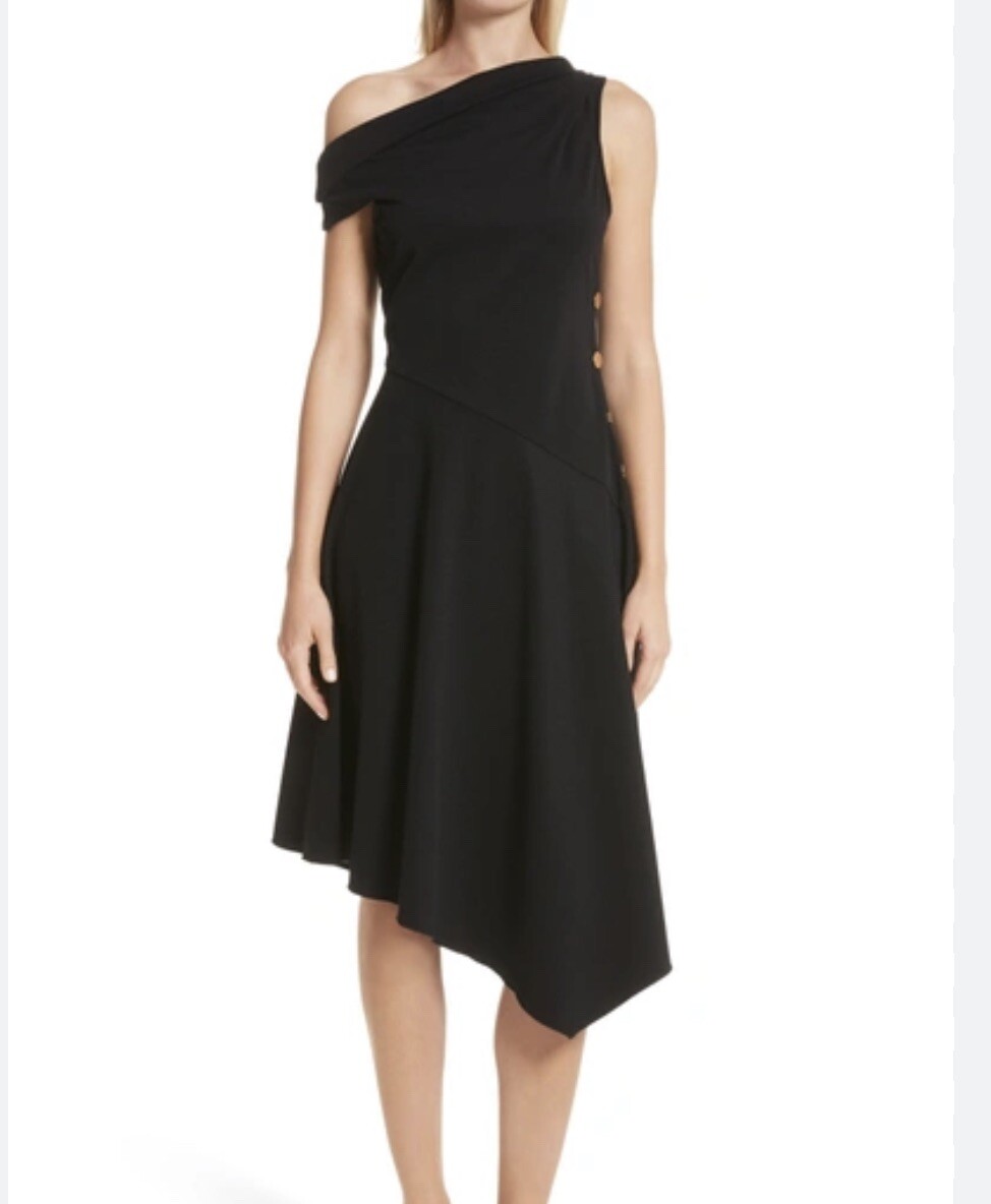 derek lam one shoulder dress Women's Derek Lam 10 Crosby Solid Black One Shoulder Midi Dress 4 Button  Side